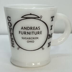 white milk‎ glass mug coffee time clock graphic andrea’s furniture sugarcreek oh